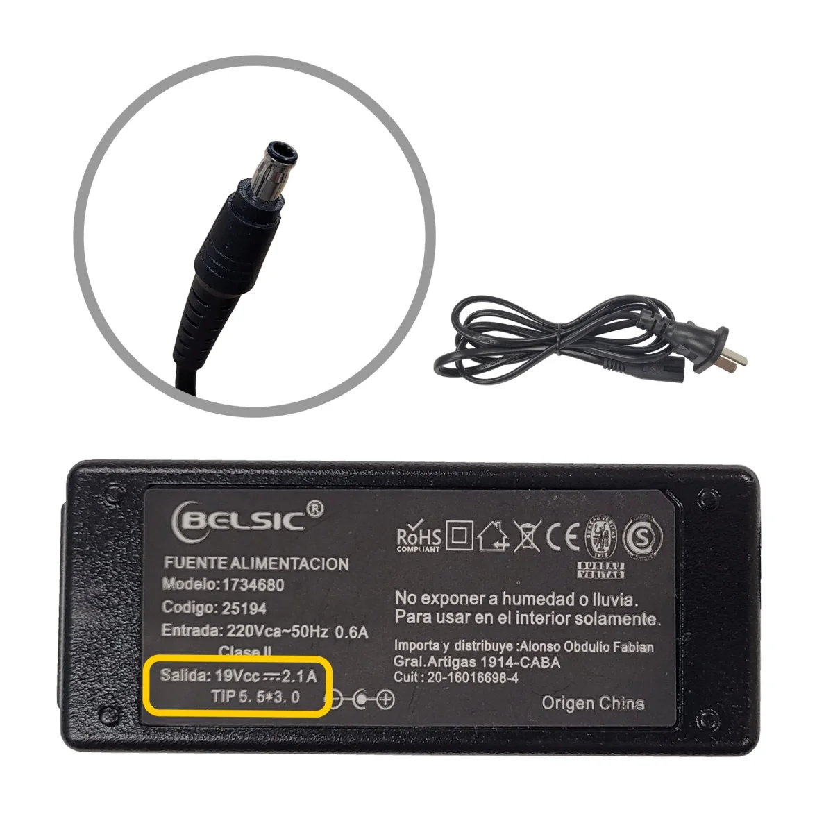 CARGADOR BELSIC PARA BANGHO 19V 2.1A 5.5*3.0