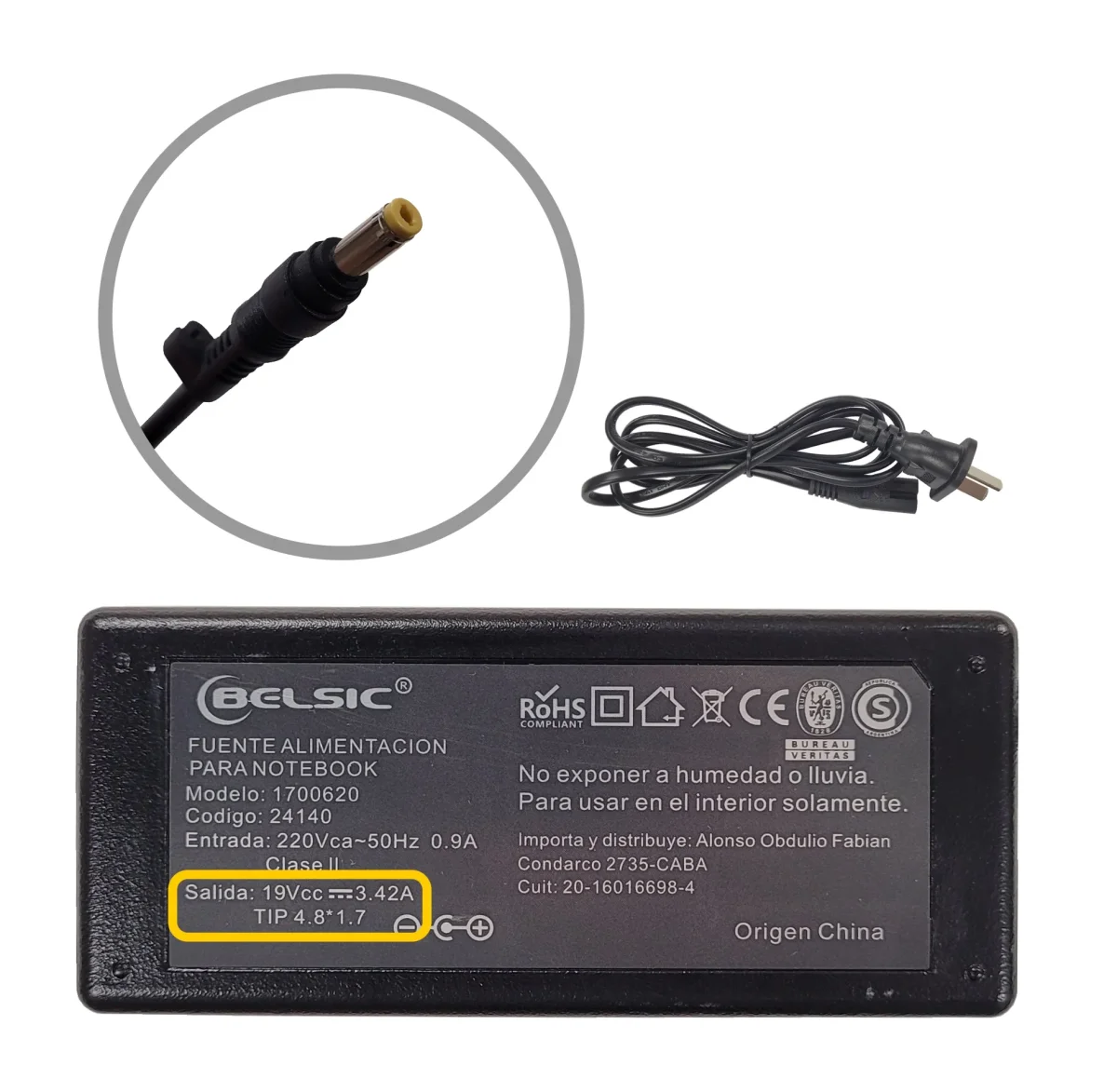 CARGADOR BELSIC P/TOSH ACER 19V 3.42 4.8*1.7