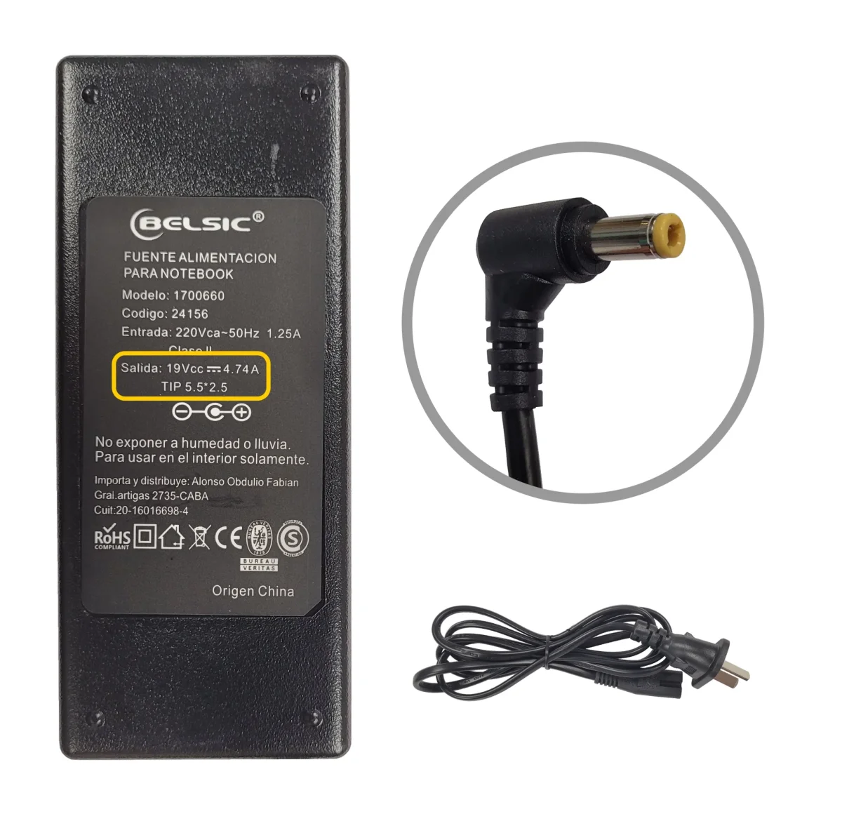 CARGADOR BELSIC P/ACER 19V 4.74 AMP 90W 24156