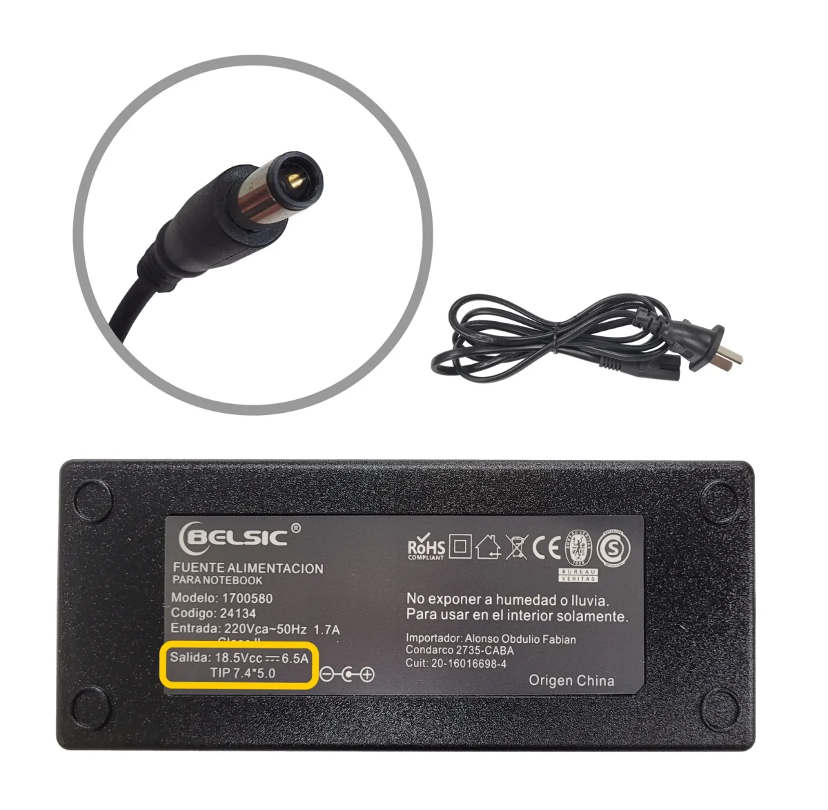 CARGADOR BELSIC 18.5V 6.5A 120W 7.4*5.0 PIN INSIDE