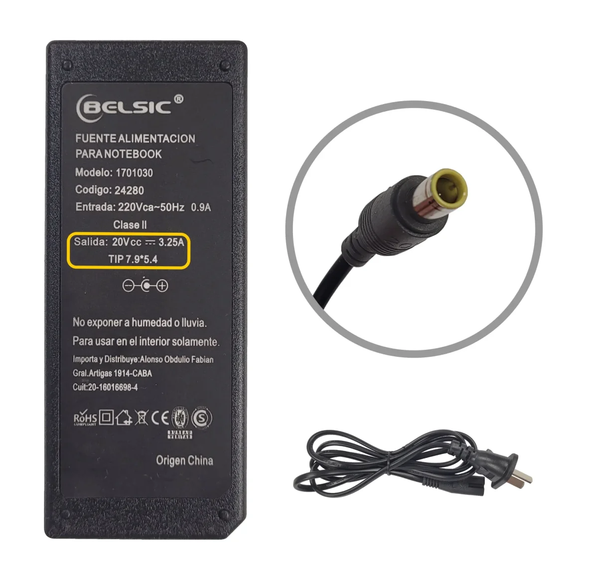 CARGADOR BELSIC LEN 20V 3.25A 7.9*09*2 P IN 24280
