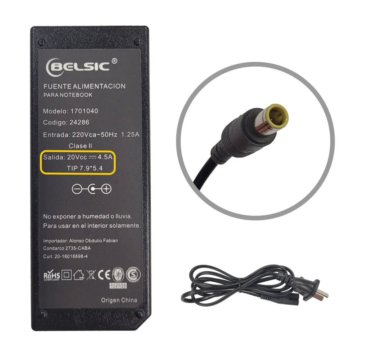CARGADOR BELSIC LEN 20V 4.5A TIP 7.9*0.9*2 P INSID
