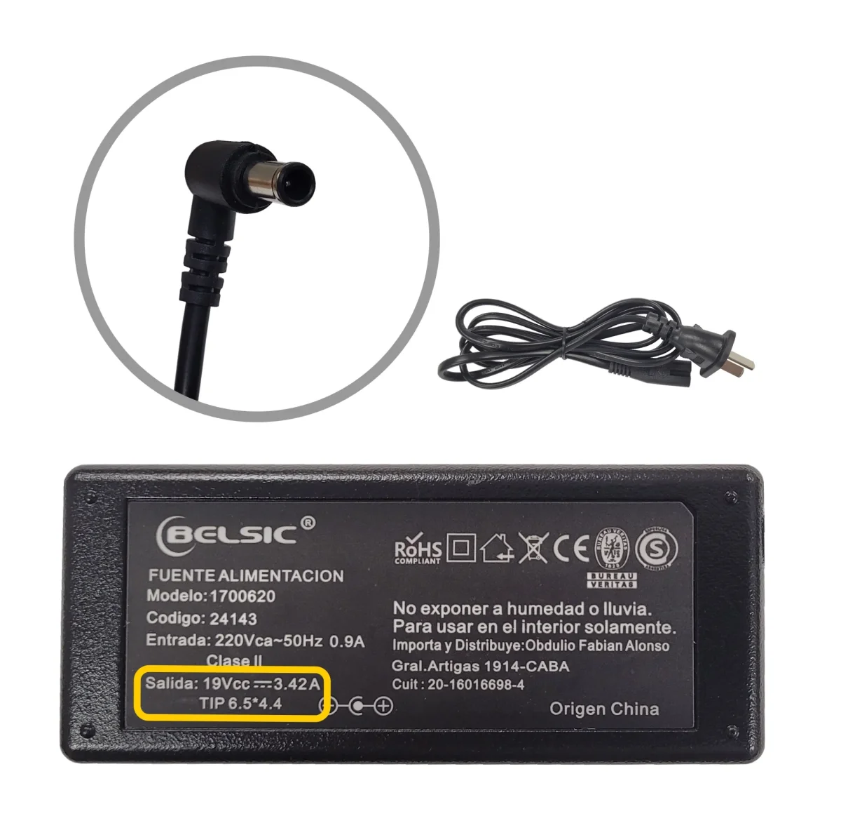 CARGADOR BELSIC PARA MONITOR 19V 3.42A 6.5X4.4