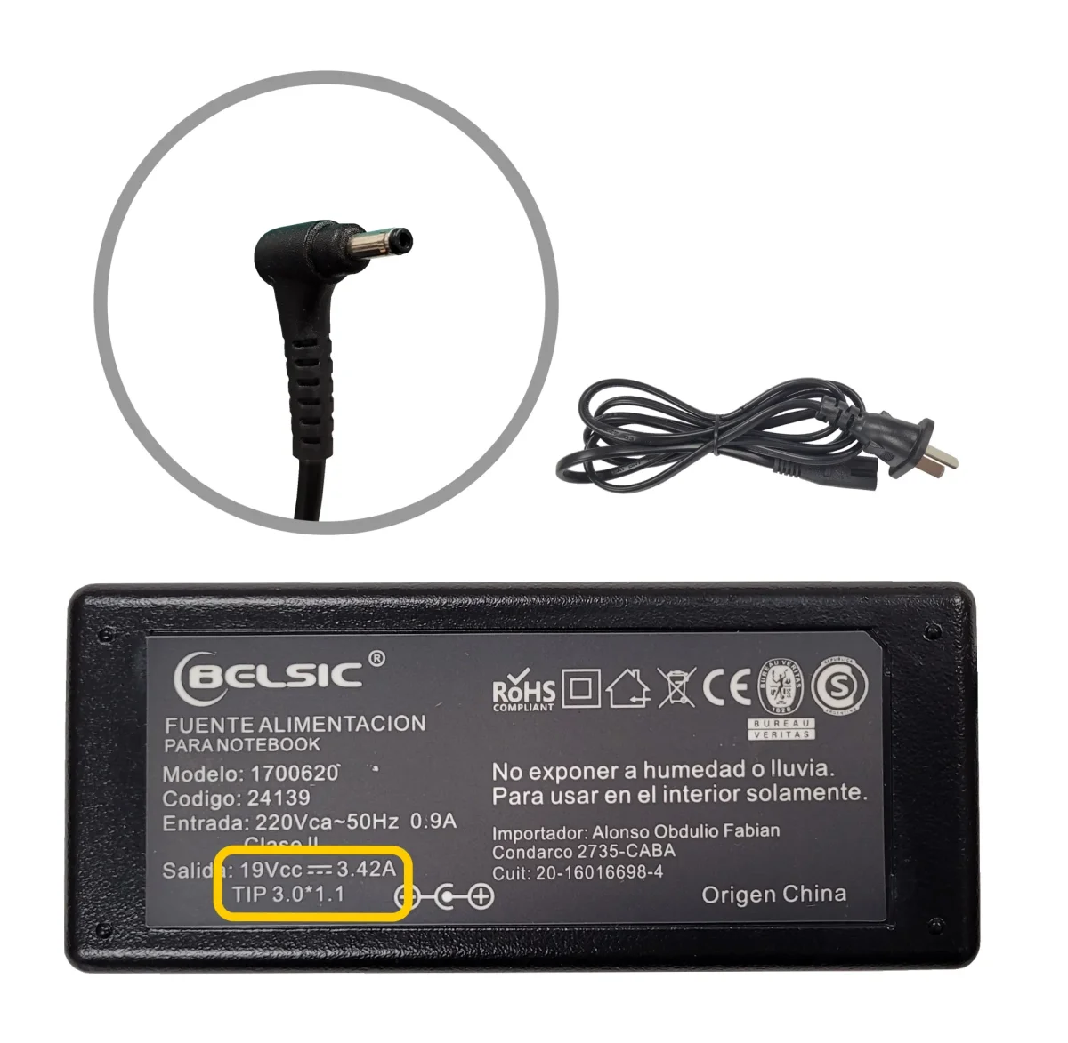 CARGADOR BELSIC P/ACER-SAM 19V 3.42A 3.0*1.1