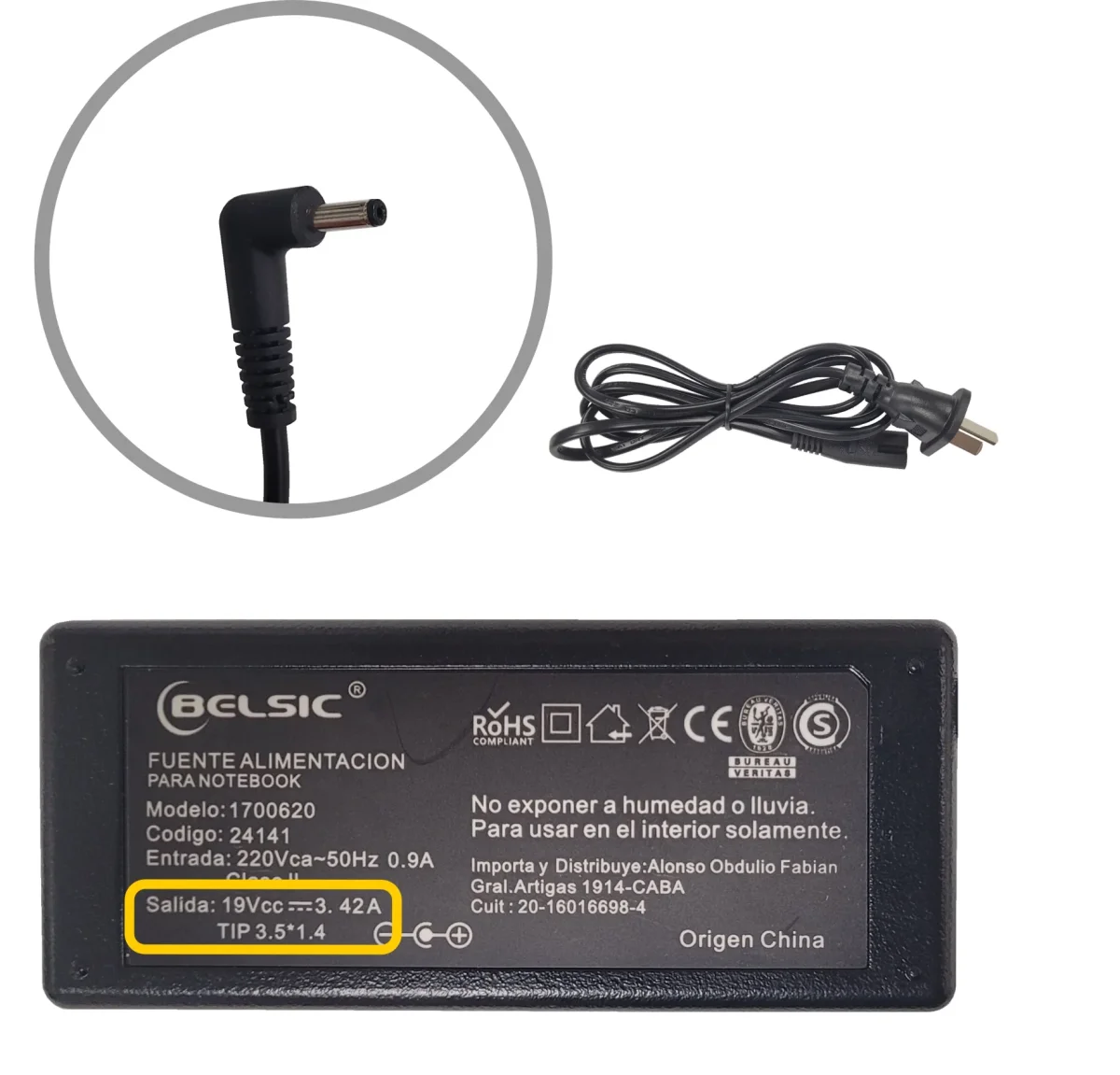 CARGADOR BELSIC PARA NACIONAL 19V 3.42A 3.5*1.4