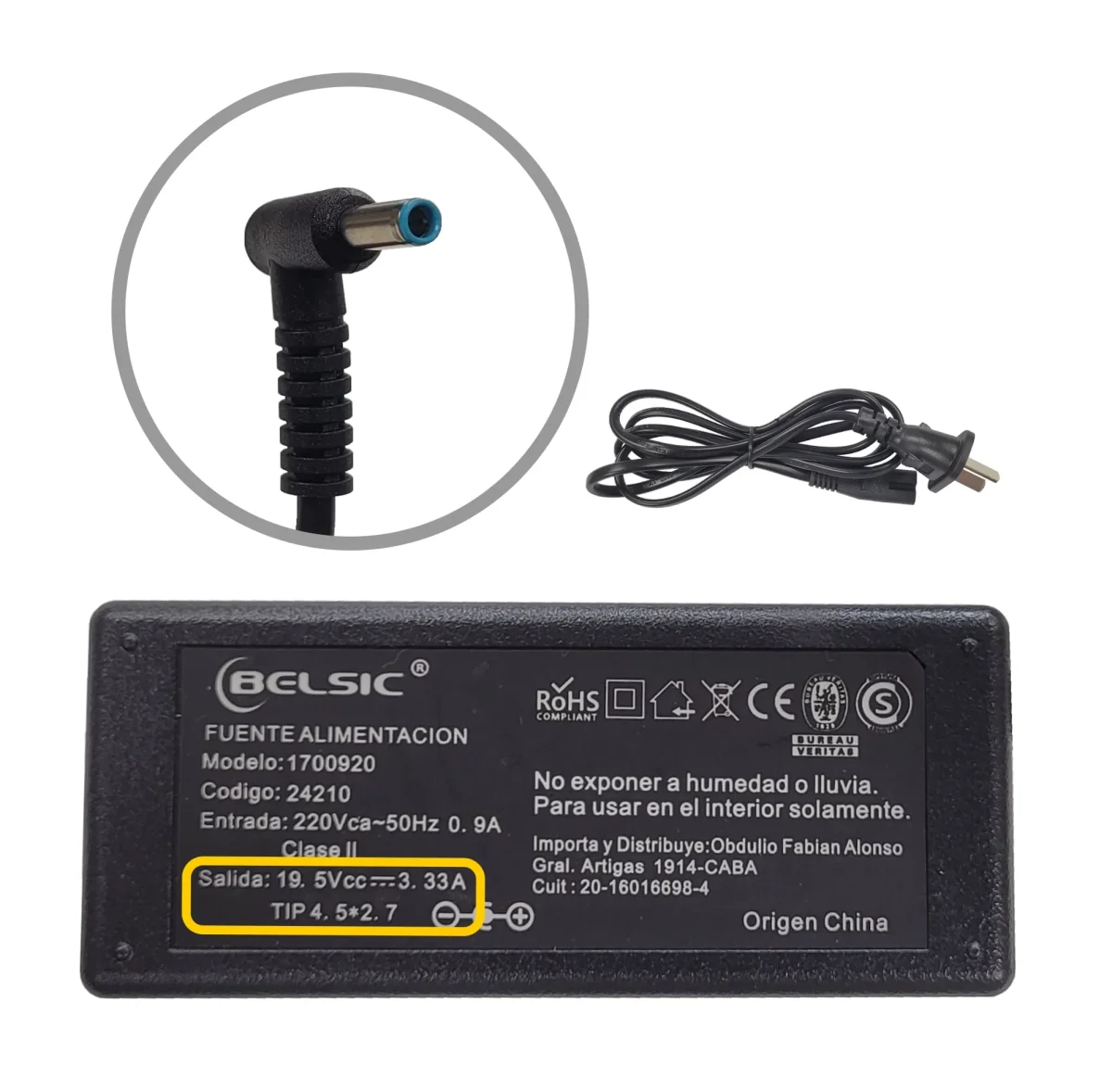 CARGADOR BELSIC P/ HP  PIN AZUL 19.5V 3.3A 4.5*2.7