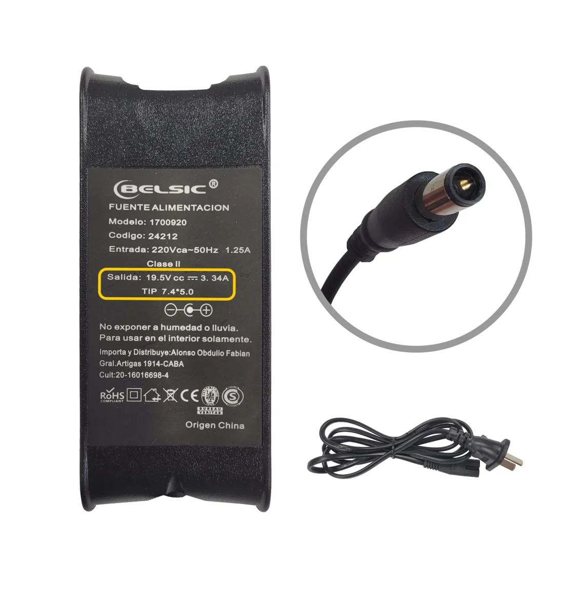 CARGADOR BELSIC P/DELL 19.5V 3.3A 65W 7.4*5.0