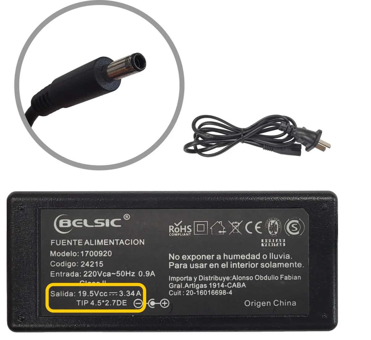 CARGADOR PARA DELL 19.5V 3.3A 4.5* PIN AZUL