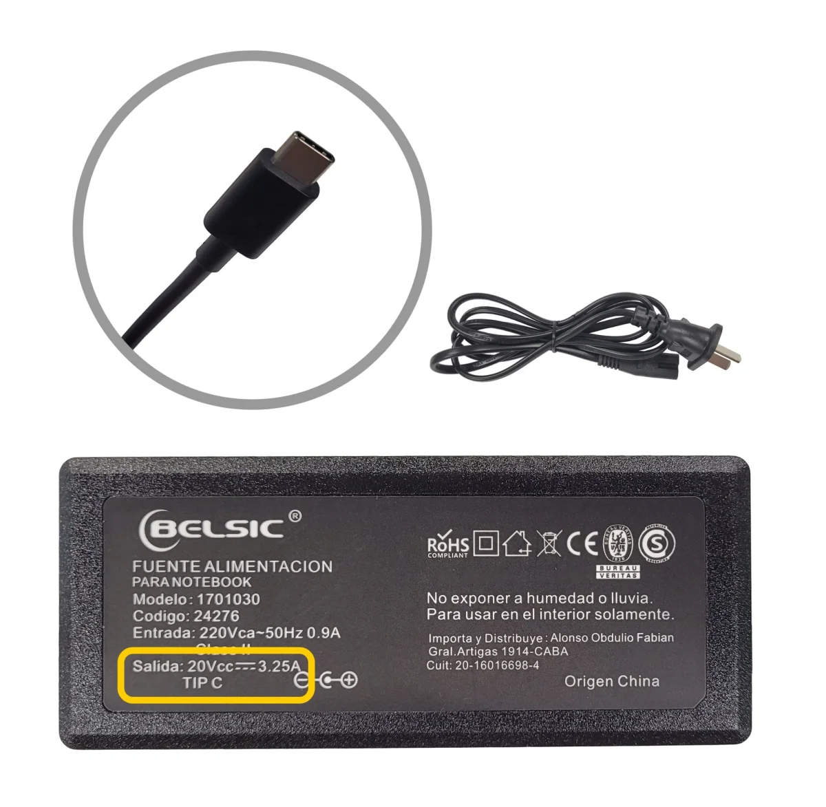 CARGADOR BELSIC TYPE C 20V 3.24A LENOVO APPLE DELL