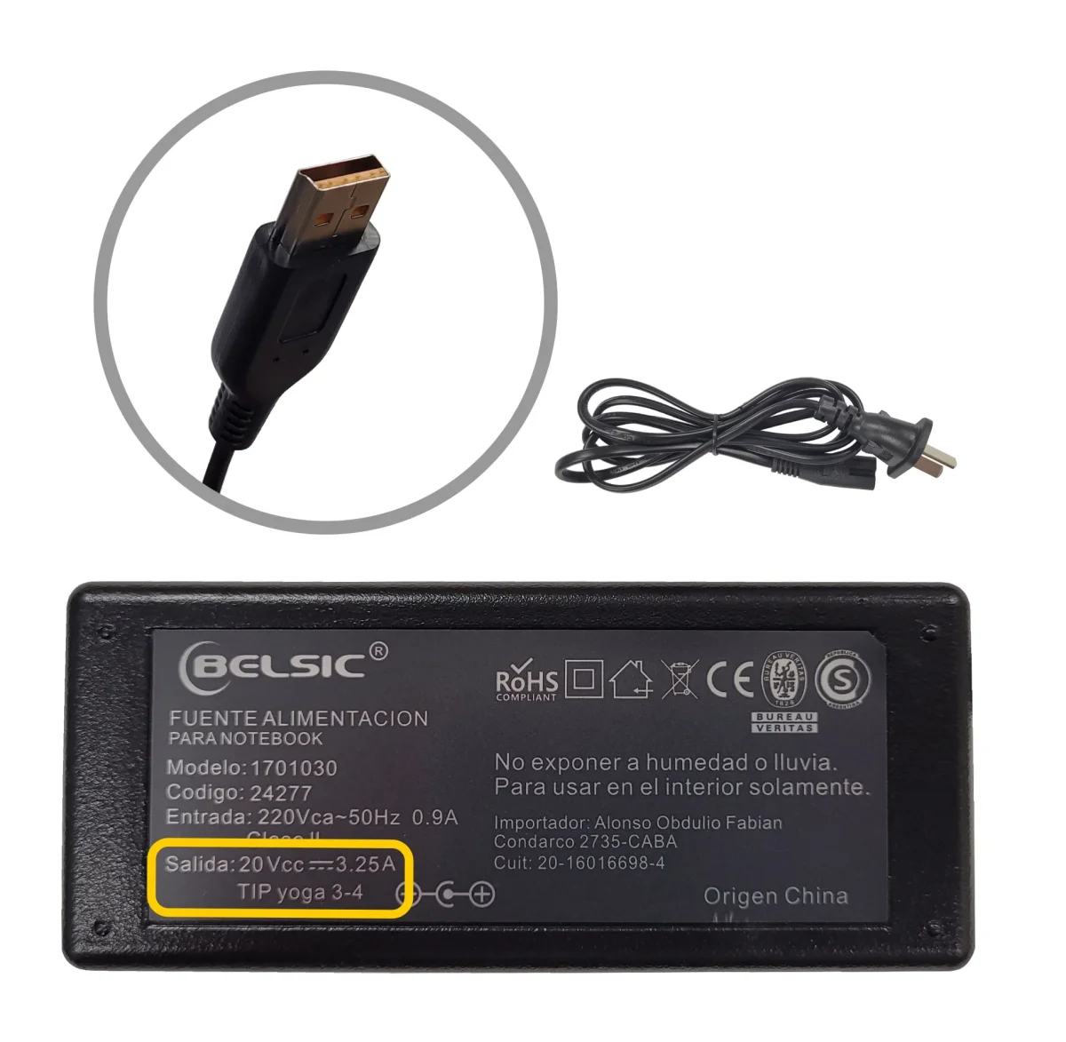 CARGADOR BELSIC P/ LENOVO YOGA 3/4 20V 3.25A