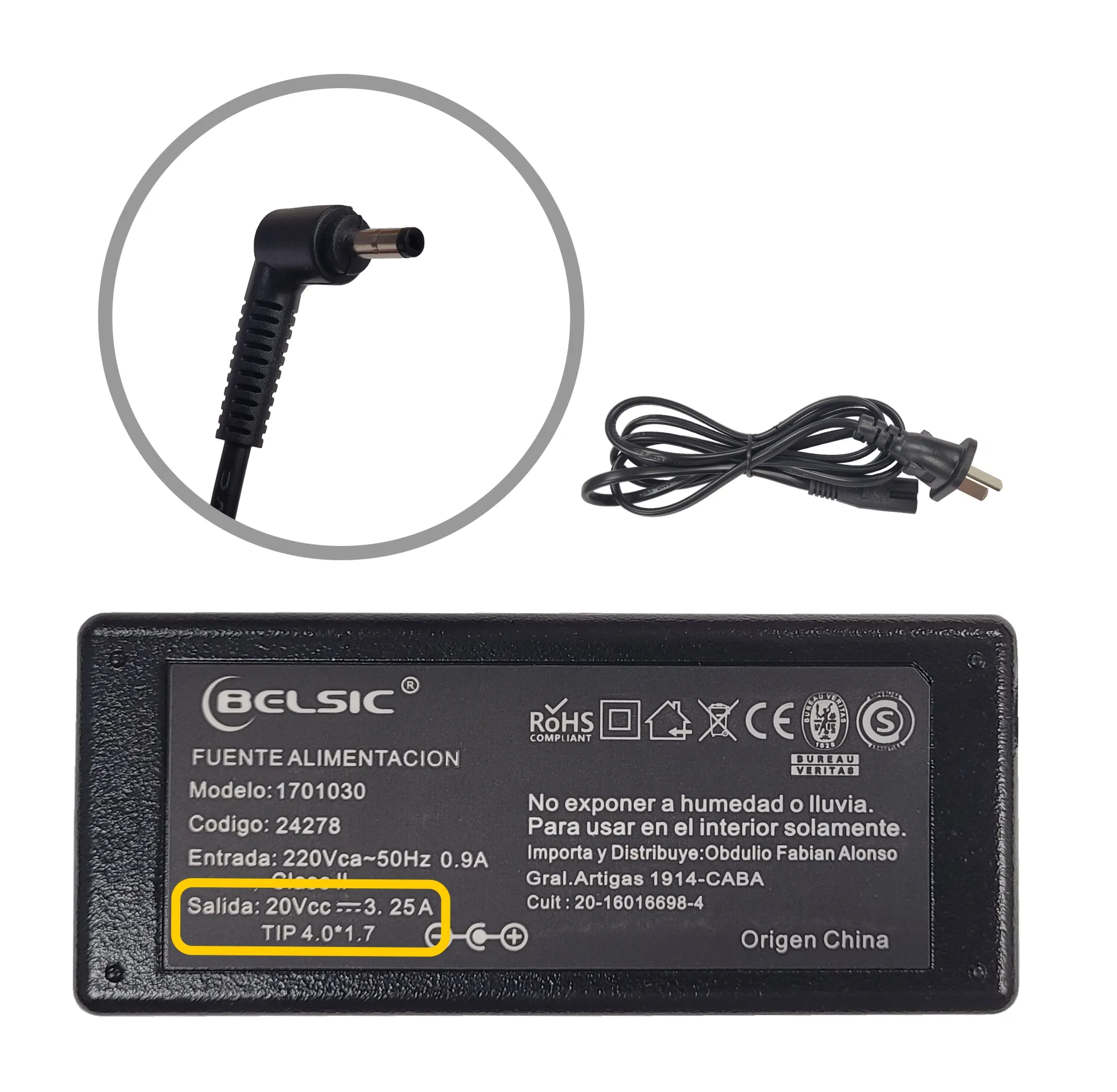 CARGADOR BELSIC P/ LEN 20V 3.25A 4.0*1.7