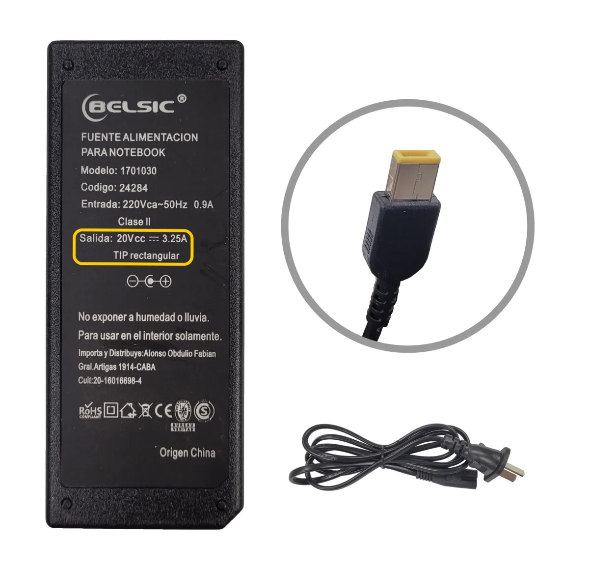 CARGADOR BELSIC P/LENOVO PIN RECTANGULAR 20V 3.25A