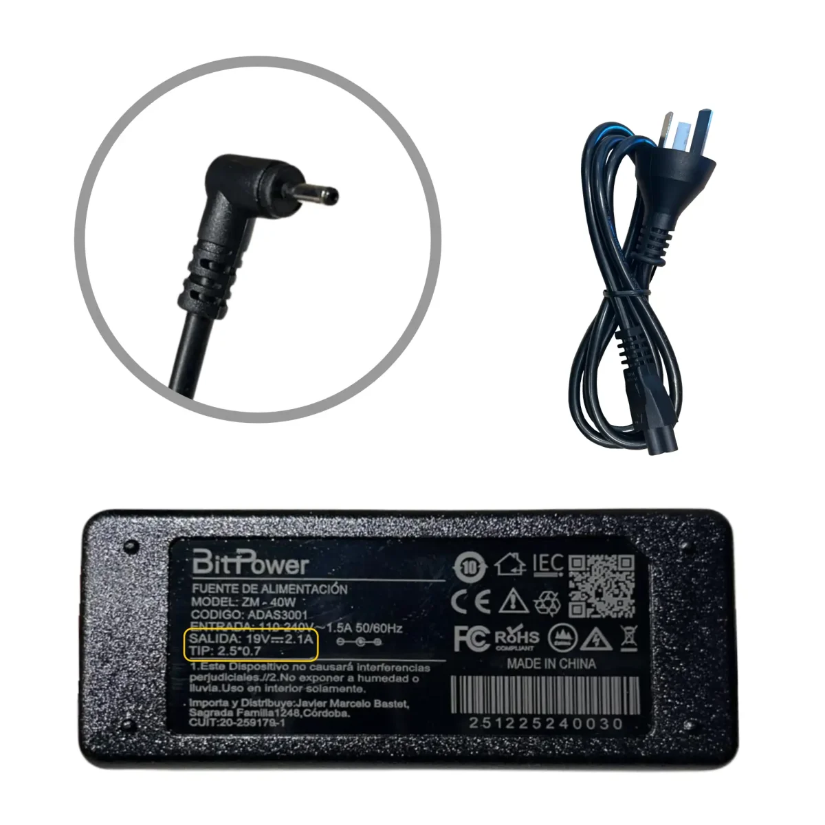 CARGADOR BITPOWER 19V 2.1A 2.5*0.7