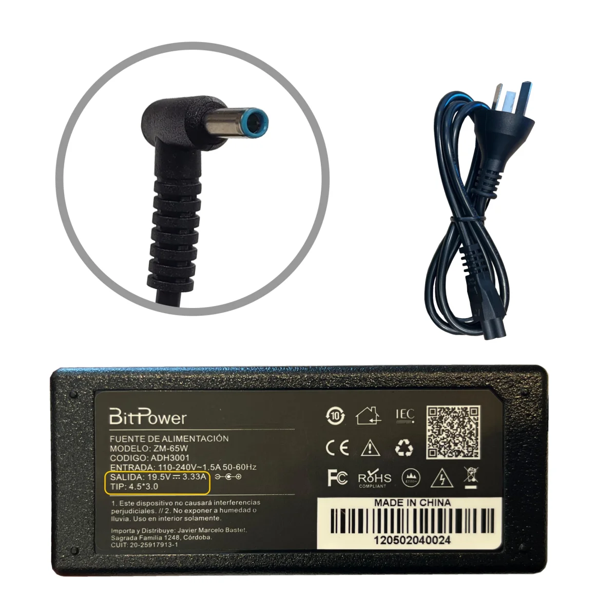 CARGADOR BITPOWER P/HP 19.5V 3.34A 4.5*3.0 / 24210