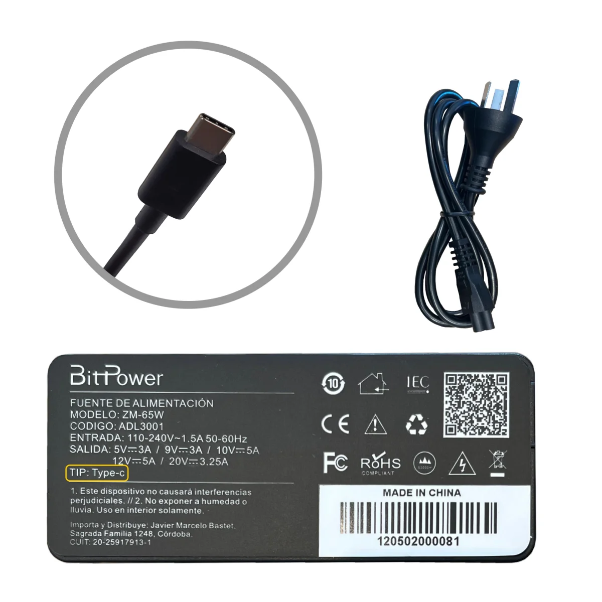 CARGADOR BITPOWER 20V 3.25A TYPE C / 24276