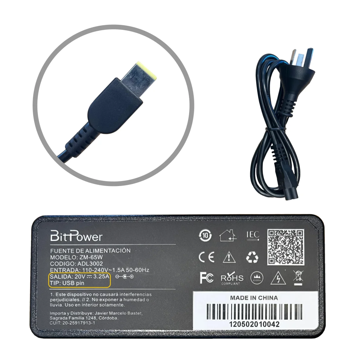 CARGADOR BITPOWER P/LENOVO 20V 3.25A USB / 24284