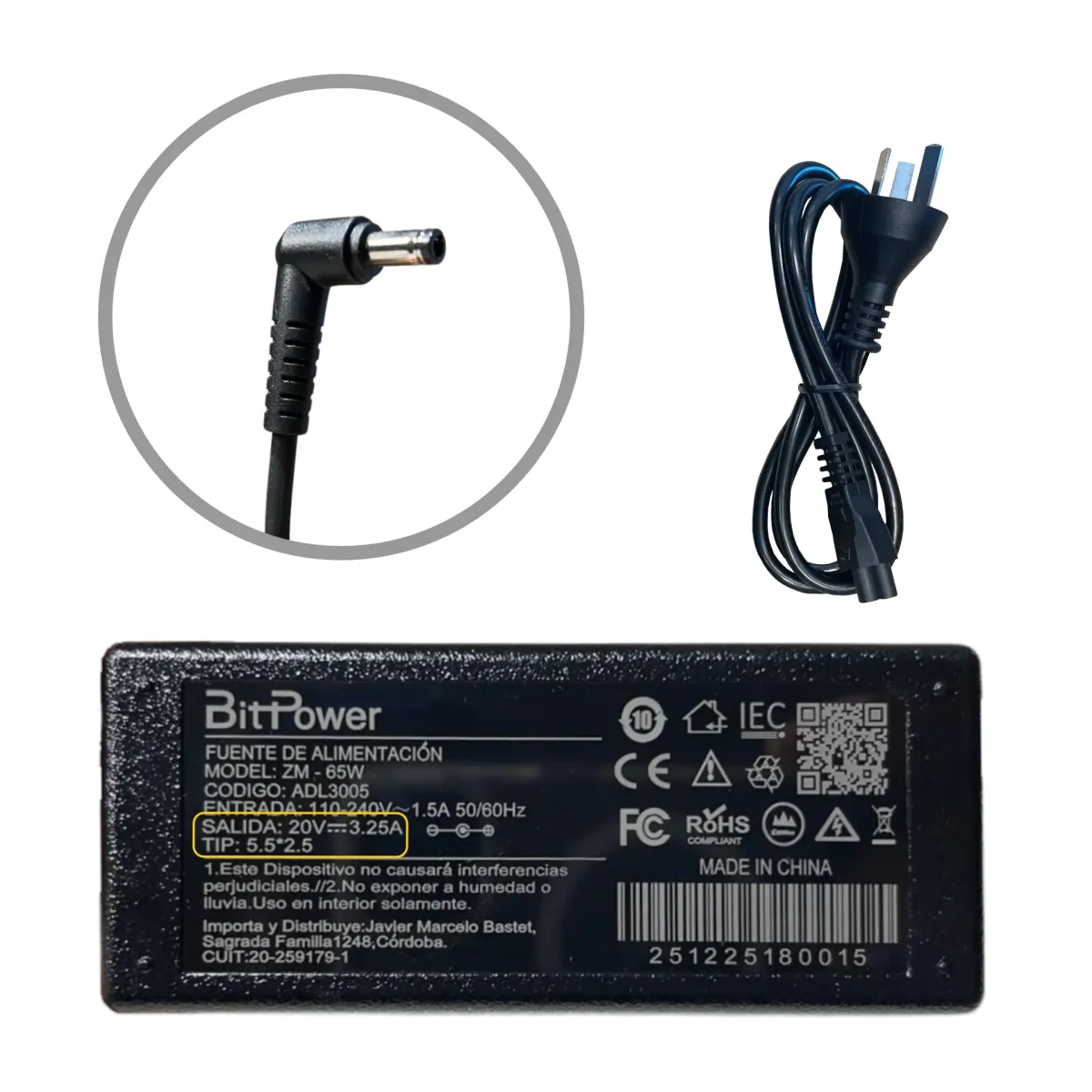 CARGADOR BITPOWER 20V 3.25A  5.5*2.5 / 24282