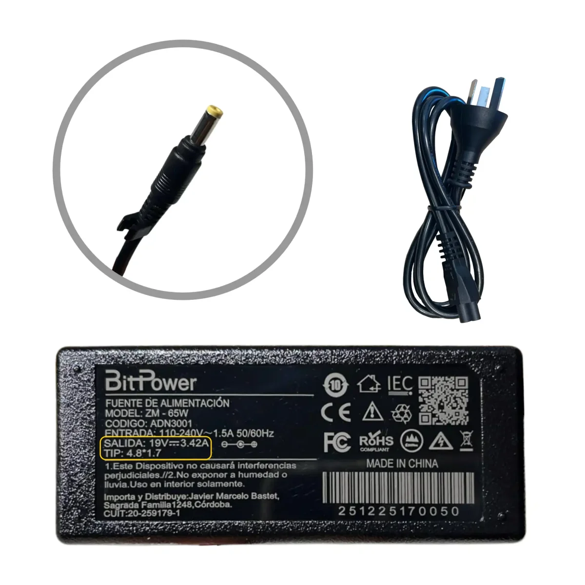 CARGADOR BITPOWER 19V 3.42A 4.8*1.7 / 10103