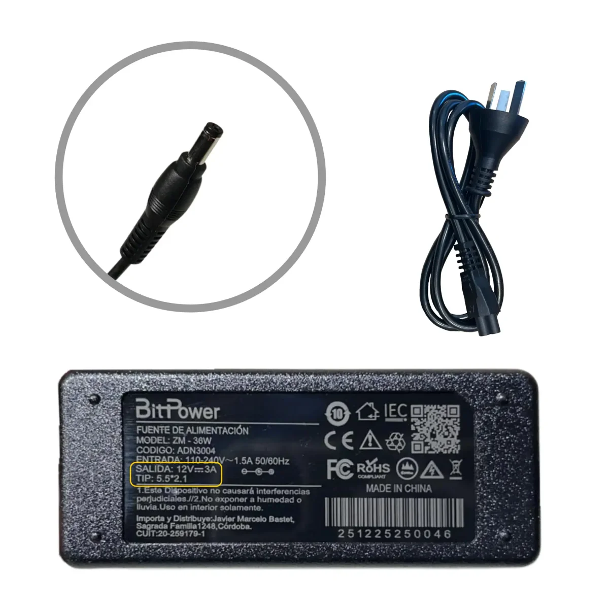CARGADOR BITPOWER 12V 3A 5.5*2.1 26325