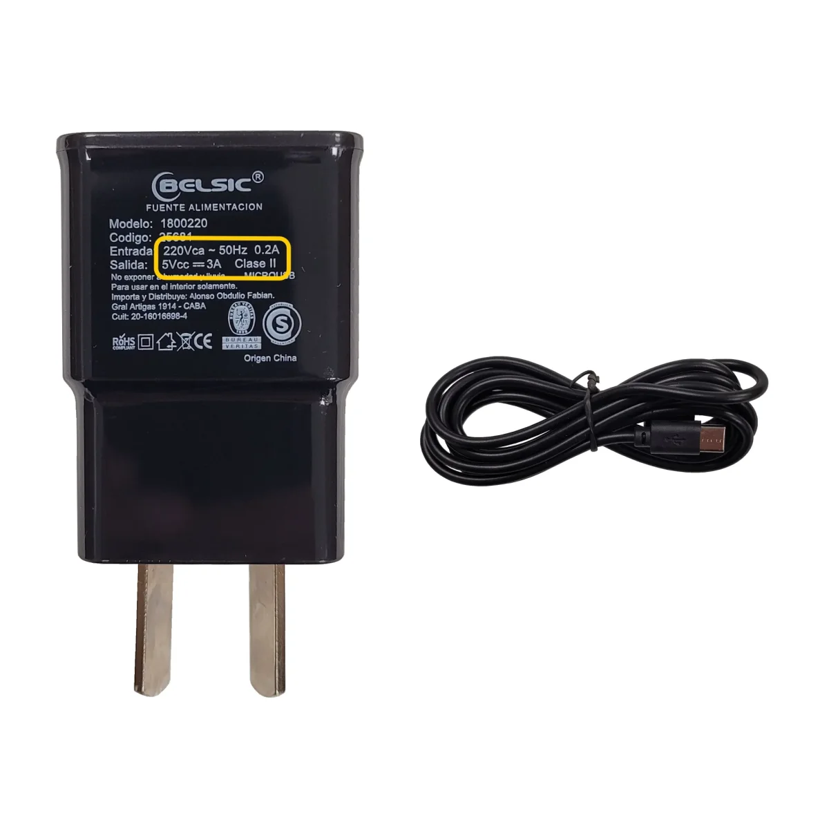 CARGADOR USB 5V 3A CON CABLE TIPO C